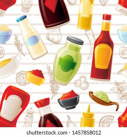 Sauce seamless pattern. Wallpaper pattern with Soy Wasabi Mustard Ketchup Hot Chili Mayonnaise sauces bottles, cup bowl. Vector illustration with sketch spice & herb elements isolated white background