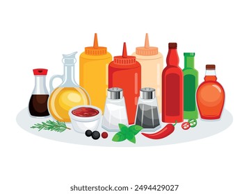 Sauce, seasoning, spices and herbs still life vector illustration. Different types of sauce and condiments icon set on a white background. Salt, pepper, mustard, ketchup, vinegar and more drawing