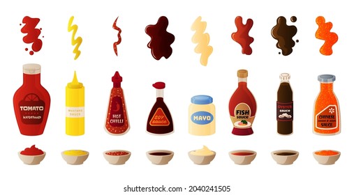 Sauce Set. Cartoon Kitchen Food Condiments In Bottles. Tomato Ketchup And Mayonnaise Mustard Jars. Meal Spots Or Plates With Product. Soy And Hot Chilli Spices. Vector Spicy Dressing