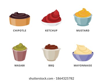 Sauce set - food dips in serving cups isolated on white background. Vector illustration of ketchup, mustard, mayonnaise and other condiments in little bowls