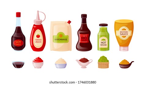 Sauce set with ketchup, soy, mayonnaise, mustard, bbq, wasabi in bowls. Sauce bottles of glass, plastic, wood isolated on white background. Fast food packaging template, vector illustration.