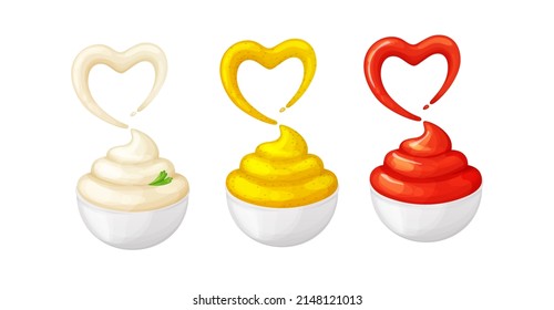 Sauce set mayonnaise,mustard,ketchup in white ceramic bowls.Heart-shaped splash.Love homemade sauces.Vector cartoon illustration.Isolated on white background