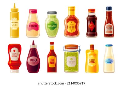 Sauce Set. Soy Wasabi Mustard Ketchup Chinese Sweet Hot Chili Mayonnaise Ranch Teriyaki BBQ Chimichurri Cheese Sauces. Food Seasoning Jar Bottle Icon Set. Cartoon Cuisine Vector Packaging Illustration