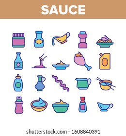 Sauce Spicy Cream Collection Icons Set Vector Thin Line. Ketchup, Mustard And Olive Oil Bottles And Containers, On Chicken Leg Concept Linear Pictograms. Color Illustrations