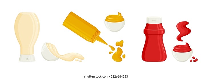 Sauce splash in bottles and bowls.  Mayonnaise, mustard, tomato ketchup cartoon vector set. Various hot spice sauces spilled strips, drops and spots. Food illustration