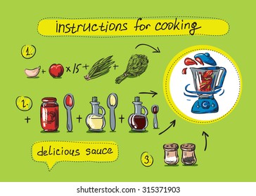 sauce, step-by-step cooking, drawing hands, cook at home