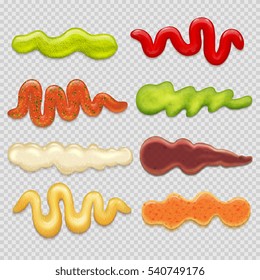 Sauce stripes, mustard, ketchup, soy, cook gourmet marinade vector. Set of sauce stripe illustration.