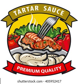 sauce tartar label design, cream sauce with spices, vegetables, fish and condiments