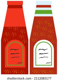 Sauce with tomatoes boiled with spices, ketchup. Plastic container, bottle with sauce closed with lid. Ingredient used for flavoring, coloring or preserving food. Spicy and mild liquid, ketchup