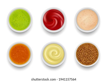 Sauce top view. Gourmet liquid sauce syrup for food garnishing tomato mustard chili green oil wasabi soup in round bowls decent vector realistic collection svg