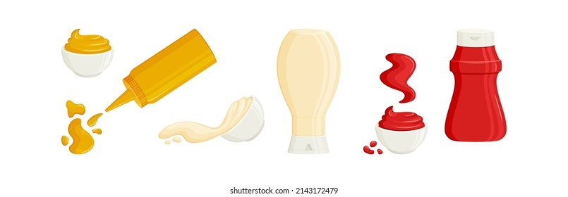 Sauce vector icon, ketchup, mustard and mayonnaise bottle and bowl,  condiment splash and dressing, cartoon bbq set isolated on white background. Packaging spicy seasoning illustration