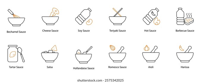 Sauce Vector Icon Set: Bechamel, Cheese, Soy, Teriyaki, Hot, Barbecue, Tartar, Salsa, Hollandaise, Romesco, Aioli, and Harissa