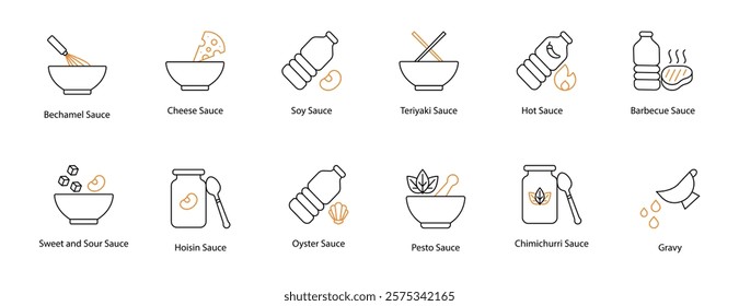 Sauce Vector Icon Set: Bechamel, Cheese, Soy, Teriyaki, Hot, BBQ, Sweet and Sour, Hoisin, Oyster, Pesto, Chimichurri, and Gravy