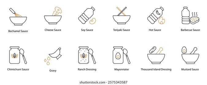 Sauce Vector Icon Set: Bechamel, Cheese, Soy, Teriyaki, Hot, BBQ, Chimichurri, Gravy, Ranch Dressing, Mayonnaise, Thousand Island, and Mustard