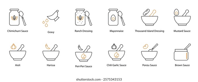 Sauce Vector Icon Set: Chimichurri, Gravy, Ranch Dressing, Mayonnaise, Thousand Island, Mustard, Aioli, Harissa, Peri Peri, Chili Garlic, Ponzu, and Brown