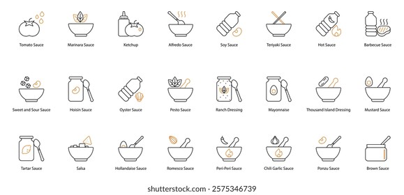 Sauce Vector Icon Set: Hollandaise, Romesco, Harissa, Peri-Peri, Chili Garlic, Ketchup, Oyster, Alfredo, Pesto, Bechamel, Chimichurri, Cheese, Gravy, Soy, Ranch Dressing, Teriyaki, and Mayonnaise