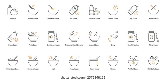 Sauce Vector Icon Set: Ketchup, Alfredo, Bechamel, Hot, Barbecue, Cheese, Soy, Teriyaki, Oyster, Pesto, Chimichurri, Thousand Island, Mustard, Gravy, Ranch Dressing, Mayonnaise, Hollandaise, Romesco 