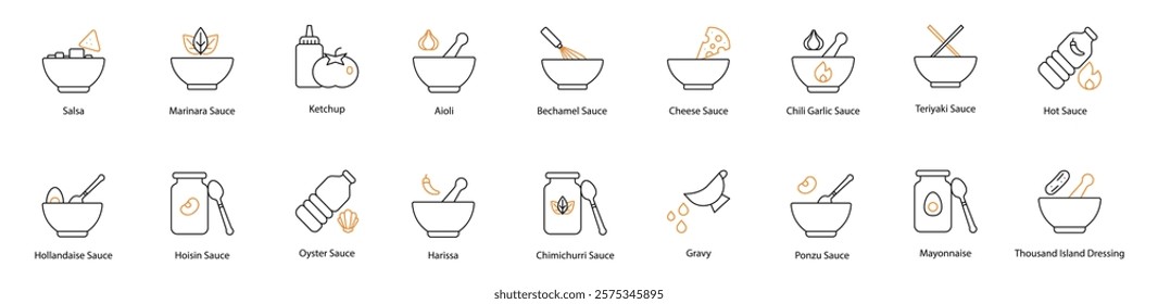 Sauce Vector Icon Set: Marinara, Ketchup, Tomato, Alfredo, Soy, Sweet and Sour, Oyster, Pesto, Hoisin, Ranch Dressing, Tartar, Salsa, Hollandaise, Romesco, Peri-Peri, Teriyaki, Hot, Barbecue 