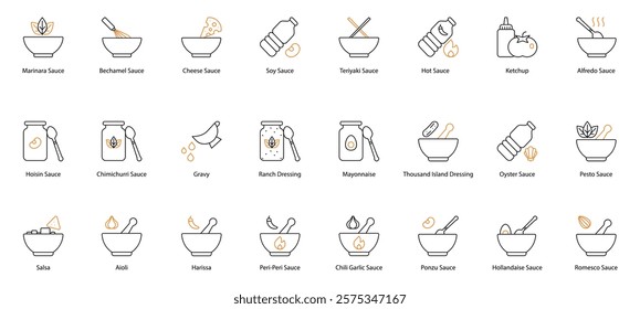 Sauce Vector Icon Set: Marinara, Bechamel, Cheese, Soy, Teriyaki, Hot, Ketchup, Alfredo, Hoisin, Chimichurri, Gravy, Ranch Dressing, Mayonnaise, Thousand Island, Oyster, Pesto, Salsa, Aioli, Harissa 