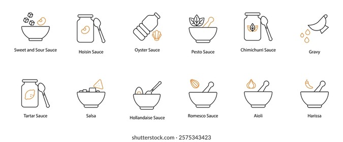 Sauce Vector Icon Set: Sweet and Sour, Hoisin, Oyster, Pesto, Chimichurri, Gravy, Tartar, Salsa, Hollandaise, Romesco, Aioli, and Harissa