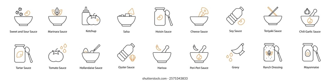 Sauce Vector Icon Set: Sweet and Sour, Tartar, Marinara, Tomato, Ketchup, Salsa, Hoisin, Cheese, Soy, Hollandaise, Oyster, Harissa, Peri-Peri, Gravy, Teriyaki, Ranch Dressing, and Mayonnaise