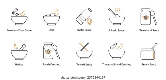 Sauce Vector Icon Set: Sweet and Sour, Salsa, Oyster, Alfredo, Chimichurri, Harissa, Ranch Dressing, Teriyaki, Thousand Island, and Brown