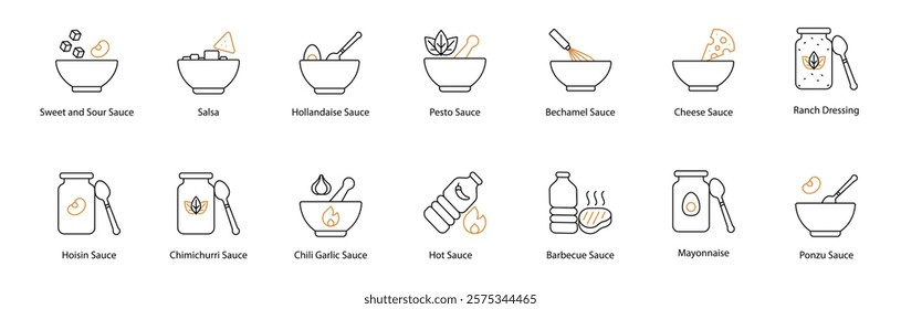 Sauce Vector Icon Set: Sweet and Sour, Salsa, Hollandaise, Pesto, Bechamel, Hoisin, Chimichurri, Chili Garlic, Hot, Barbecue, Cheese, Mayonnaise, Ranch Dressing, and Ponzu