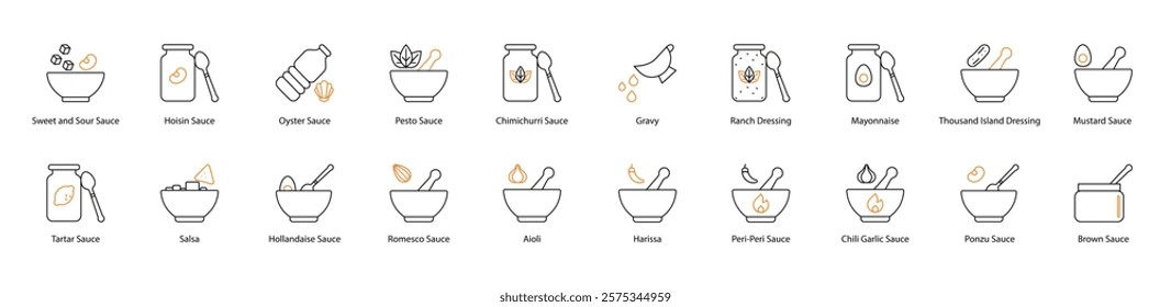 Sauce Vector Icon Set: Sweet and Sour, Hoisin, Oyster, Pesto, Chimichurri, Gravy, Ranch Dressing, Mayonnaise, Thousand Island, Mustard, Tartar, Salsa, Hollandaise, Romesco, Aioli, Harissa, Peri-Peri 