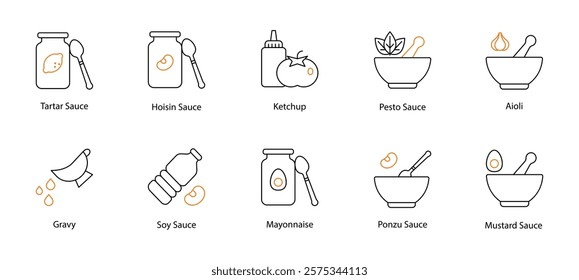 Sauce Vector Icon Set: Tartar, Hoisin, Ketchup, Pesto, Aioli, Gravy, Soy, Mayonnaise, Ponzu, and Mustard