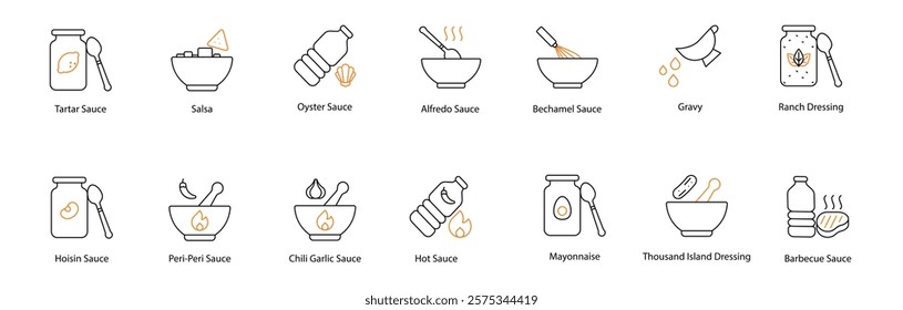 Sauce Vector Icon Set: Tartar, Salsa, Oyster, Alfredo, Bechamel, Gravy, Ranch Dressing, Hoisin, Peri-Peri, Chili Garlic, Hot, Mayonnaise, Thousand Island, and Barbecue