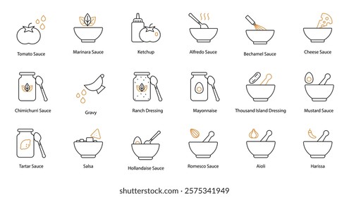 Sauce Vector Icon Set: Tomato, Marinara, Ketchup, Alfredo, Bechamel, Cheese, Chimichurri, Gravy, Ranch Dressing, Mayonnaise, Thousand Island, Mustard, Tartar, Salsa, Hollandaise, Romesco, Aioli 