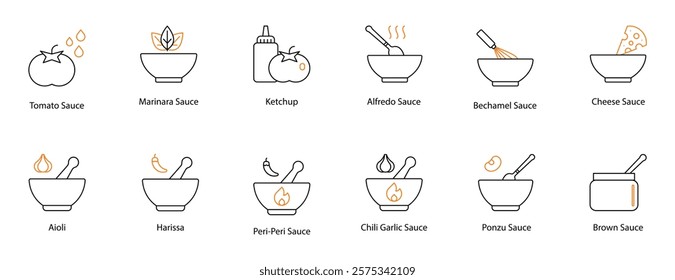 Sauce Vector Icon Set: Tomato, Marinara, Ketchup, Alfredo, Bechamel, Cheese, Aioli, Harissa, Peri-Peri, Chili Garlic, Ponzu, and Brown