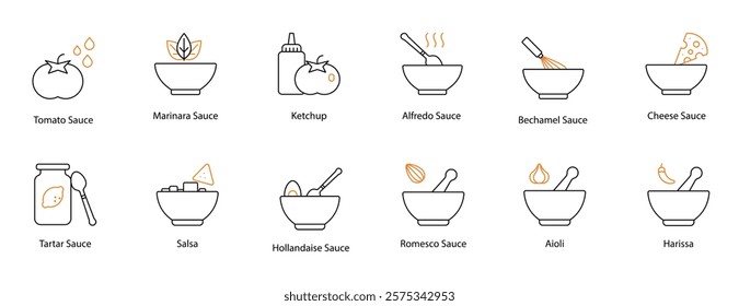 Sauce Vector Icon Set: Tomato, Marinara, Ketchup, Alfredo, Bechamel, Cheese, Tartar, Salsa, Hollandaise, Romesco, Aioli, and Harissa