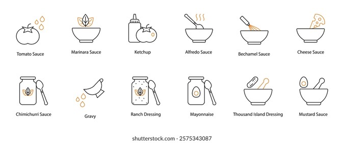 Sauce Vector Icon Set: Tomato, Marinara, Ketchup, Alfredo, Bechamel, Cheese, Chimichurri, Gravy, Ranch Dressing, Mayonnaise, Thousand Island, and Mustard