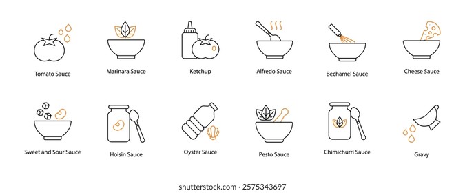 Sauce Vector Icon Set: Tomato, Marinara, Ketchup, Alfredo, Bechamel, Cheese, Sweet and Sour, Hoisin, Oyster, Pesto, Chimichurri, and Gravy