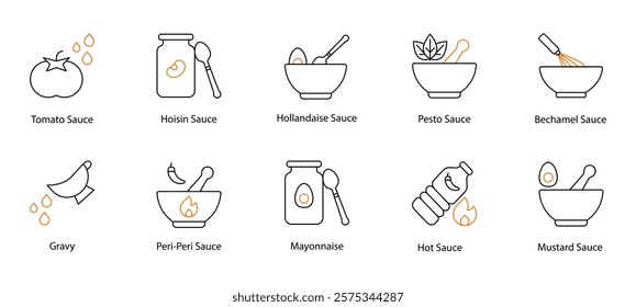 Sauce Vector Icon Set: Tomato, Gravy, Hoisin, Peri-Peri, Hollandaise, Mayonnaise, Pesto, Hot, Bechamel, and Mustard