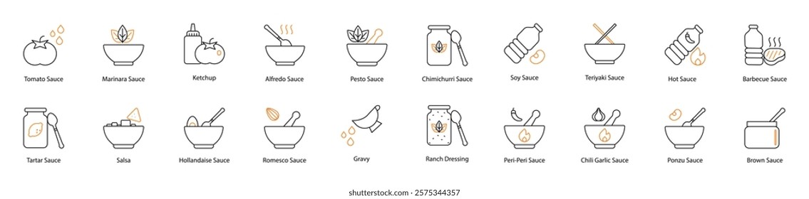 Sauce Vector Icon Set: Tomato, Tartar, Marinara, Ketchup, Alfredo, Salsa, Hollandaise, Romesco, Pesto, Gravy, Chimichurri, Ranch Dressing, Soy, Teriyaki, Hot, Barbecue, Peri-Peri, Chili Garlic, Ponzu 