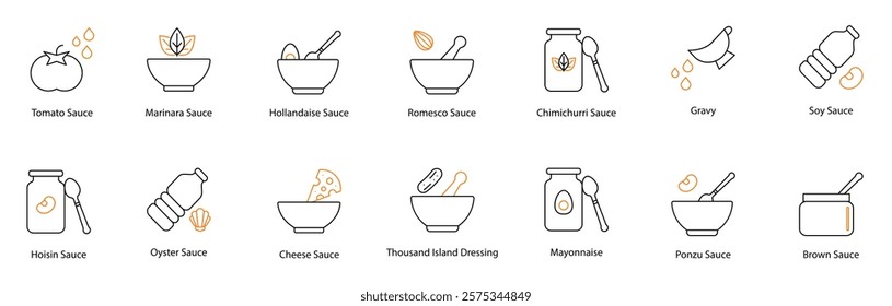 Sauce Vector Icon Set: Tomato, Hoisin, Marinara, Oyster, Hollandaise, Cheese, Romesco, Thousand Island, Chimichurri, Mayonnaise, Gravy, Soy, Ponzu, and Brown