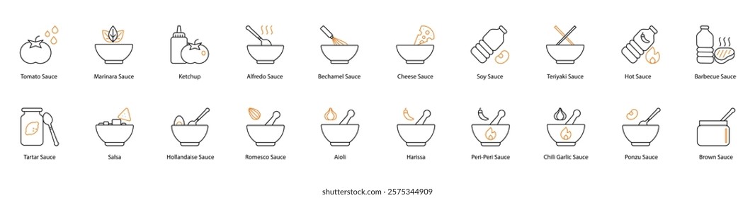 Sauce Vector Icon Set: Tomato, Tartar, Marinara, Alfredo, Bechamel, Cheese, Soy, Teriyaki, Hot, Barbecue, Salsa, Hollandaise, Romesco, Aioli, Harissa, Peri-Peri, Chili Garlic, Ponzu, and Brown