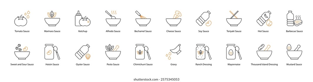 Sauce Vector Icon Set: Tomato, Marinara, Ketchup, Alfredo, Bechamel, Cheese, Soy, Teriyaki, Hot, Barbecue, Sweet and Sour, Hoisin, Oyster, Pesto, Chimichurri, Gravy, Ranch Dressing, Mayonnaise 