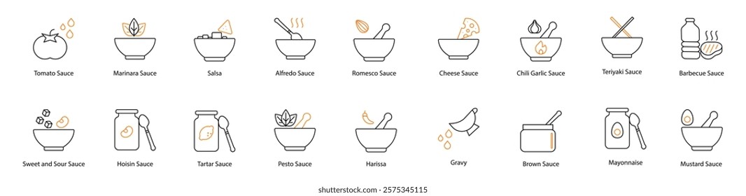 Sauce Vector Icon Set: Tomato, Sweet and Sour, Marinara, Hoisin, Tartar, Alfredo, Romesco, Pesto, Harissa, Cheese, Gravy, Chili Garlic, Teriyaki, Barbecue, Brown, Mayonnaise, and Mustard