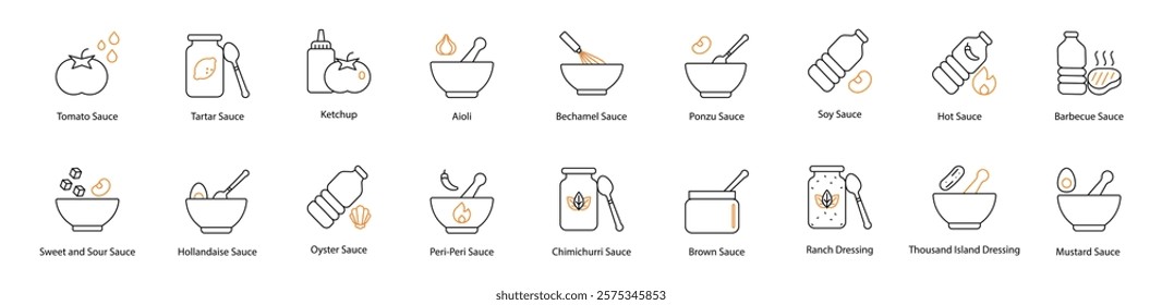 Sauce Vector Icon Set: Tomato, Sweet and Sour, Marinara, Hoisin, Tartar, Aioli, Salsa, Bechamel, Harissa, Chimichurri, Cheese, Gravy, Ponzu, Brown, Hot, Thousand Island, Barbecue, and Mustard