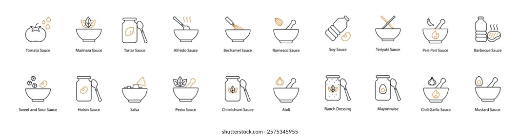 Sauce Vector Icon Set: Tomato, Sweet and Sour, Marinara, Hoisin, Tartar, Salsa, Alfredo, Pesto, Bechamel, Romesco, Soy, Teriyaki, Peri-Peri, Barbecue, Chimichurri, Aioli, Ranch Dressing, Mayonnaise 