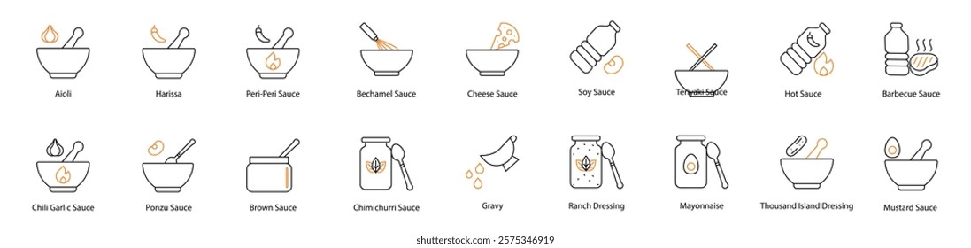 Sauce Vector Icon Set: Tomato, Sweet and Sour, Marinara, Hoisin, Ketchup, Oyster, Alfredo, Pesto, Bechamel, Chimichurri, Cheese, Gravy, Tartar, Hollandaise, Romesco, Aioli, and Harissa