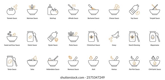 Sauce Vector Icon Set: Tomato, Marinara, Ketchup, Alfredo, Bechamel, Cheese, Soy, Teriyaki, Sweet and Sour, Hoisin, Oyster, Pesto, Chimichurri, Gravy, Ranch Dressing, Mayonnaise, Tartar, Salsa 