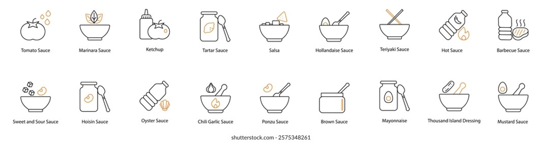 Sauce Vector Icon Set: Tomato, Marinara, Ketchup, Tartar, Salsa, Hollandaise, Teriyaki, Hot, Barbecue, Sweet and Sour, Hoisin, Oyster, Chili Garlic, Ponzu, Brown, Mayonnaise, Thousand Island, and Must