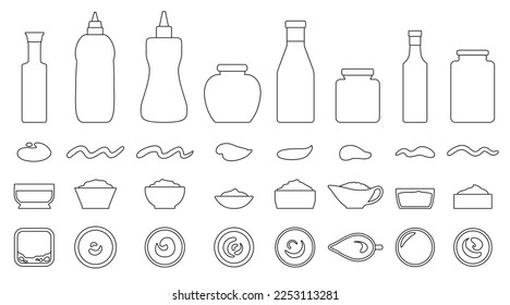 Juego de iconos de contorno de vector de salsa. Dibujo vectorial de colección ketchup en fondo blanco. Icono de contorno aislado con salsa para el diseño web.