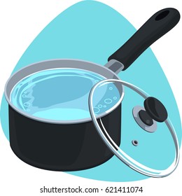 Saucepan. Black deep cooking pan with one handle and lid. Isolated. On blue background.