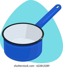 Saucepan. Blue enameled deep cooking pan with handle. Isolated. On blue background.