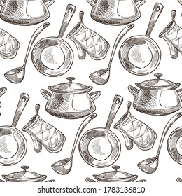 Saucepan with cap, spoon for cooking, frying pan and potholder seamless pattern. Baking mitten and kitchenware, housework tools, protective mittens. Monochrome sketch outline, vector in flat style